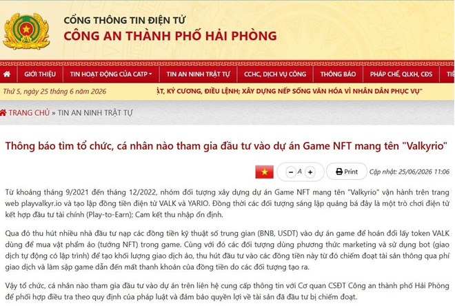 Công an Hải Phòng tìm người bị hại trong vụ dự án game NFT Valkyrio