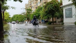 Đường Nguyễn Tất Tố cũng ngập sâu, có đoạn ngập ngang bánh xe máy khiến người dân khó khăn trong việc di chuyển. Ảnh: Mai Dung